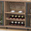 Industrial Bar Cabinet, Metal Mesh Doors & Center Bottle Rack, Rustic Oak
