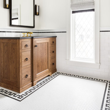 Black And White Bathroom With Wood Vanity