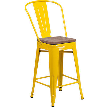 24" High Yellow Metal Counter Height Stool With Back and Wood Seat