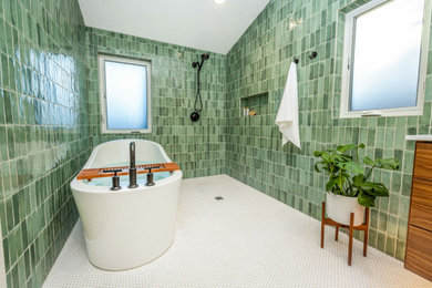 Bathroom - large 1960s master green tile and ceramic tile mosaic tile floor, white floor and single-sink bathroom idea in Other with flat-panel cabinets, medium tone wood cabinets, a one-piece toilet, gray walls, an undermount sink, quartz countertops, white countertops, a niche and a floating vanity