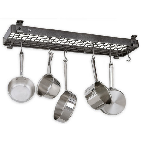 Handcrafted 36" Narrow Flush Mounted Ceiling Rack w 12 Hooks Hammered Steel