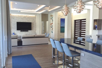 Inspiration for a large contemporary family room remodel in Miami with white walls and a wall-mounted tv