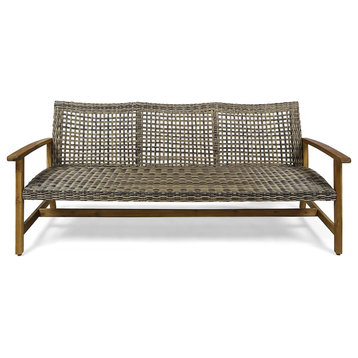 Patio Sofa, Acacia Wood Frame With Woven Wicker Seat, Natural Stained Finish