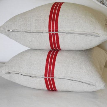 Vintage Red Stripe European Grainsack Pillows Pair