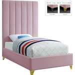 Meridian Furniture - Via Velvet Upholstered Bed, Pink, Twin - Take the look of your bedroom to new decorative heights with this ultra-modern Via upholstered twin bed. Rich pink velvet upholstery gives this bed a true upscale feel and epitomizes fine living while channel tufting along the headboard keeps the padded material inside plump and it also cradles your body while you sit up in bed to watch TV or read. Metal legs bring this platform bed up off the floor, allowing clearance below for cleaning and adding to its svelte contemporary profile.