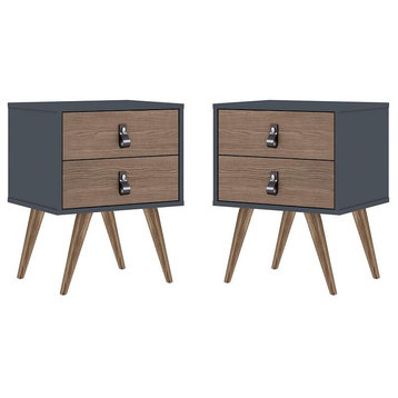 Manhattan Comfort Amber Nightstand, Faux Leather Handles, Blue/Nature, Set of 2