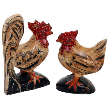 NOVICA Chicken Couple In Beige And Wood Sculptures  (Pair)
