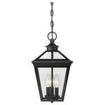 Savoy House - Outdoor Hanging Lantern, Black, 15.75" - Brighten the exterior of your home and welcome your guests in style, with this hanging lantern. The design mimics a vintage gas lantern, with a classic, tapered box shape and decorative top finial. A deep black finish looks terrific, and blends well with other hardware and architectural materials. Panes of clear glass fill all four side panels �and the roof panels, too. Three 40W, C-style bulbs provide inviting and secure illumination. This lantern measures 19� wide and 15.75� high. You�ll enjoy its timeless style and enhance the beauty of your property, whether on your porch, patio, sunroom, pergola, or hung from other ceilings in your outdoor living areas.