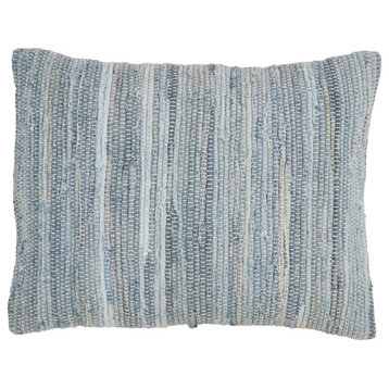 Down Filled Cotton Throw Pillow With Chindi Design, 16"x23", Denim