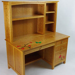Cherry Desk with Hutch Flower and Butterfly Inlay - Desks And Hutches