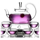 Rose quartz tea set - exquisite carving of a tea kettle and 4 tea cups