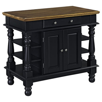 Traditional Kitchen Island, Turned Legs With Open Shelves, Black/Distressed Oak
