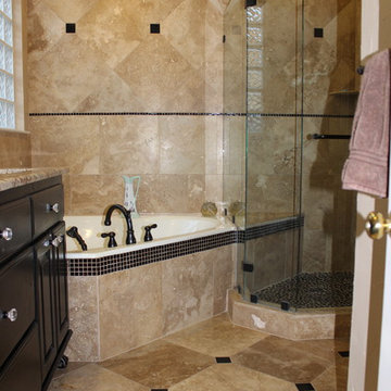 Master Bathroom Travertine, Pebble and Glass