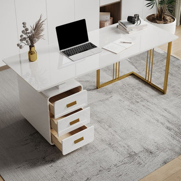 55" Office Desk with Side Cabinet & Drawer White Computer Desk Gold Base