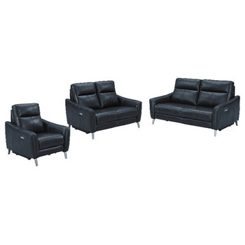 Pemberly Row 3-Piece Modern Faux Leather Upholstered Power Sofa Set in Blue