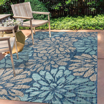 Zinnia Modern Floral Textured Weave Indoor/Outdoor, Navy/Aqua, 9x12