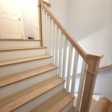 New Red Oak Stair Treads with White Risers and Custom All-Wood Railing