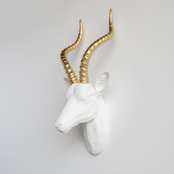 Large Faux Antelope Head Wall Mount, White and Gold