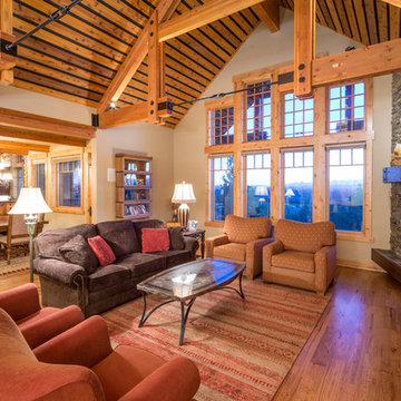 Brasada Ranch home living room with dining and kitchen open floor plan