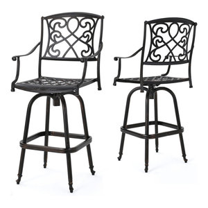 Elizabeth Outdoor Patio Swivel Bar Stools Cast Aluminum Dark Bronze 4 24 High With Walnut Cushions Stools Bar Chairs Patio Lawn Garden
