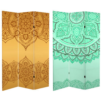6' Tall Double Sided Gold and Green Mandalas Canvas Room Divider