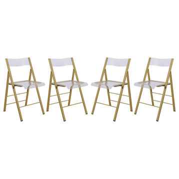 LeisureMod Menno Clear Acrylic Dining Folding Chair With Gold Base, Set of 4