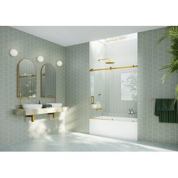 52-56"x60-Frameless Bath Tub Sliding Shower Door Square Hardware, Satin Brass
