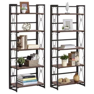 Set of 2 Industrial Bookcase, Metal Frame With Open Back & 5 Shelves, Walnut