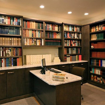 High-End Transitional Home Library | Dark Wood Cabinets & Custom Granite Desk