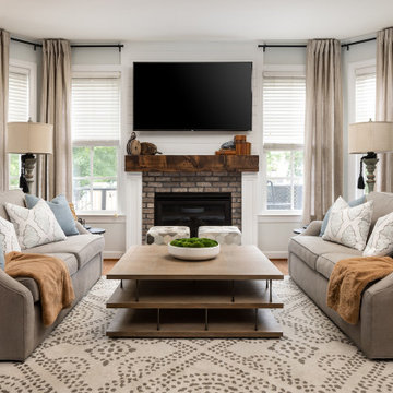Kitchen and Sitting Room with Shiplap Hood Range and Fireplace