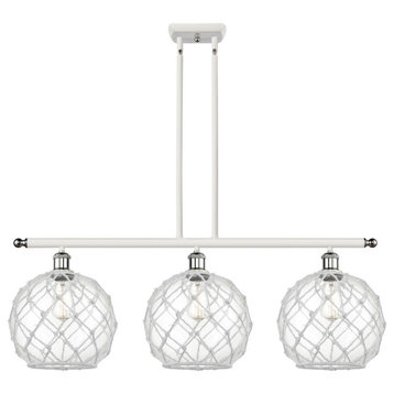 Farmhouse 3-Light Island-Light, White/Chrome, Clear Glass With White Rope