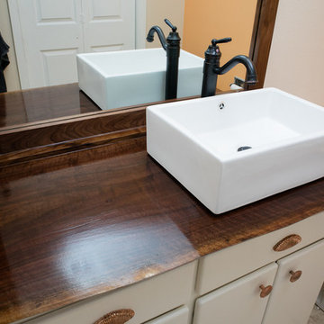 Bathroom Remodel, Walnut Live Edge Countertops, Vanity Paint, Hardware, Lighting