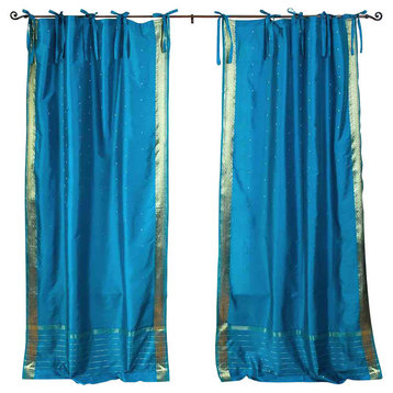 Lined-Turquoise  Tie Top  Sheer Sari Cafe Curtain / Drape - 43W x 36L - Pair