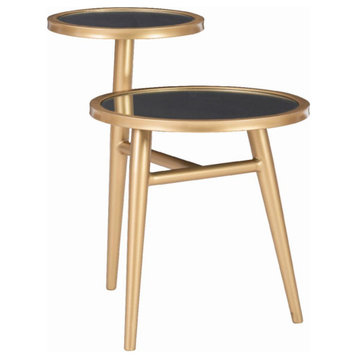 Contemporary End Table, Glamorous Golden Metal Frame With 2 Mirrored Round Tops