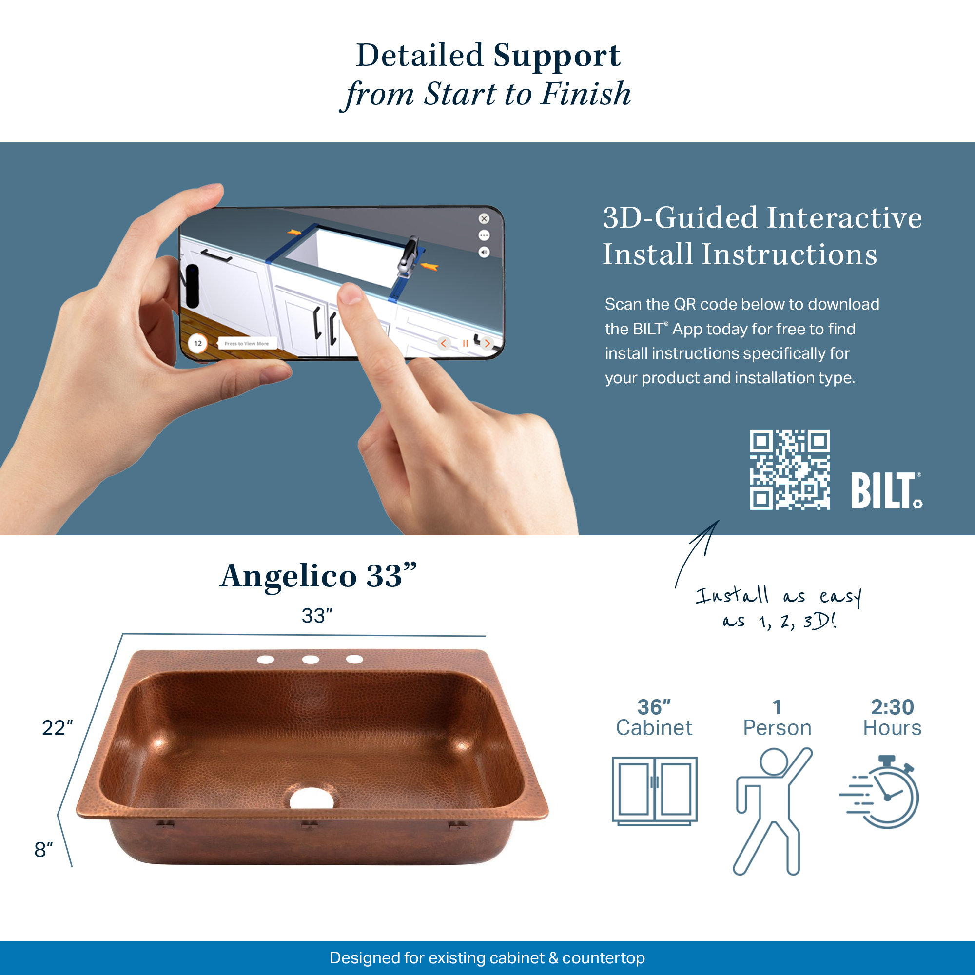 Angelico Copper 33" Single Bowl Drop-In Kitchen Sink with 4 Holes