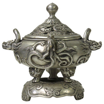 Chinese Silver Color Round Dragon Theme Incense Burner Display Hws907