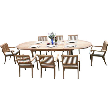 9-Piece Outdoor Teak Dining Set, 117" Oval Table, 8 Arbor Stacking Arm Chairs