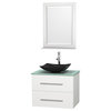 Centra 30" White Single Vanity, Green Glass Top, Arista Black Granite Sink