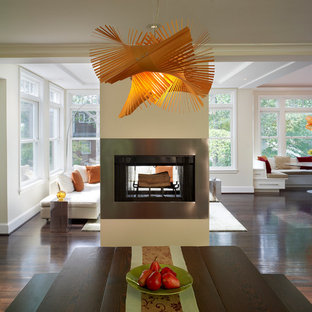 This is an example of a contemporary dining room in DC Metro with a two-sided fireplace and a metal fireplace surround.