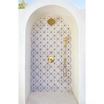 Moroccan-Inspired Outdoor Shower with Handpainted Tile