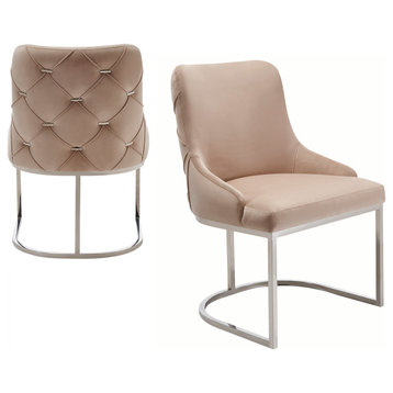 Modrest Daria, Modern Beige Velvet and Stainless Steel Dining Chair, Set of 2