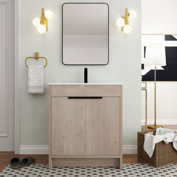 BNK Bathroom Vanity With Adjustable Shelf(KD-PACKING), White Ceramic Sink, 30"