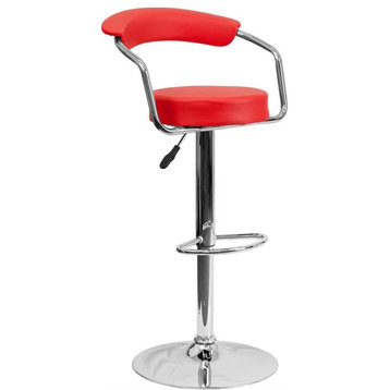 Contemporary Red Vinyl Adjustable Height Barstool With Arms and Chrome Base