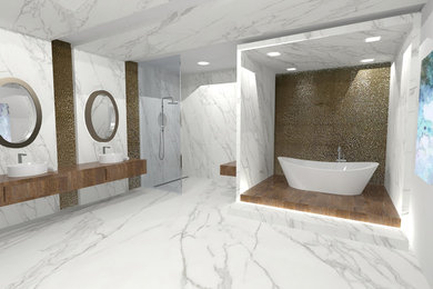 Example of a large trendy master black and white tile and marble tile marble floor bathroom design in Atlanta with furniture-like cabinets and marble countertops