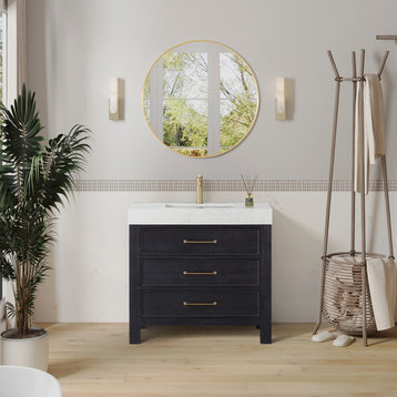 Leon Bath Vanity with Composite Stone Top, Fir Wood Black, 36", No Mirror