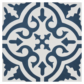 8"x8" Argana Handmade Cement Tile, Navy Blue/White, Set of 12