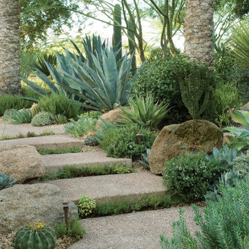 An artful blend of hardscaping and succulents can act as a natural fire break.