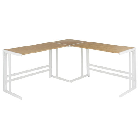 Roman Office Desk, L Shaped Set, White Metal, Natural Bamboo