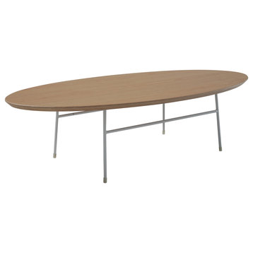 LeisureMod Rossmore Oval Coffee Table With White Steel Frame, Natural Wood