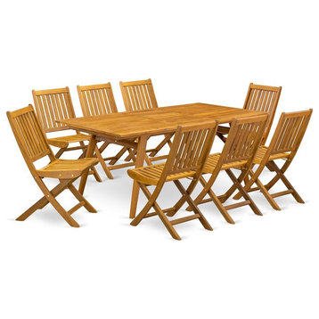 East West Furniture Denison 9-piece Wood Patio Dining Set in Natural Oil